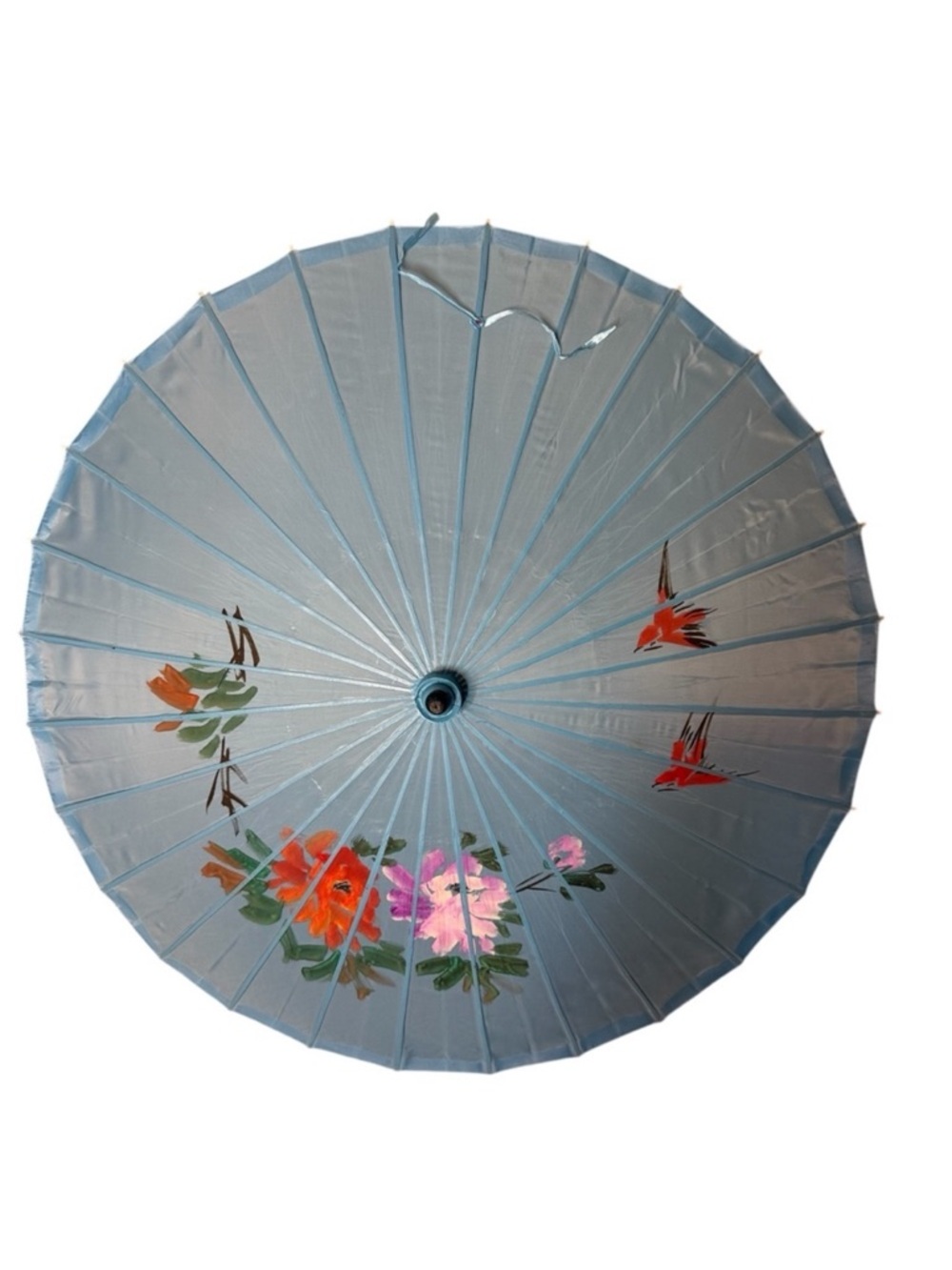 Asian Japanese Parasol Umbrella Nylon Bamboo Blue Blossoms Birds Sun Shade - Picture 2 of 13